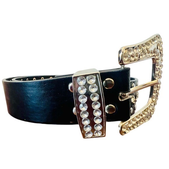 Black Belt Women's Silver Accents‎ Large Rhinestones Buckle 37 1/2 Western - Picture 3 of 9
